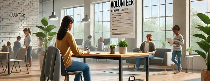 A realistic scene in a modern, casual office setting with one person applying to be a volunteer