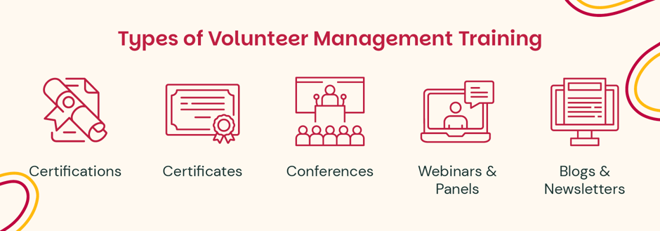 Five types of volunteer management training resources, which are explained below.