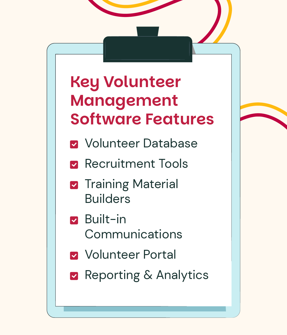 A checklist of six features to look for in church volunteer management software, which are listed below.