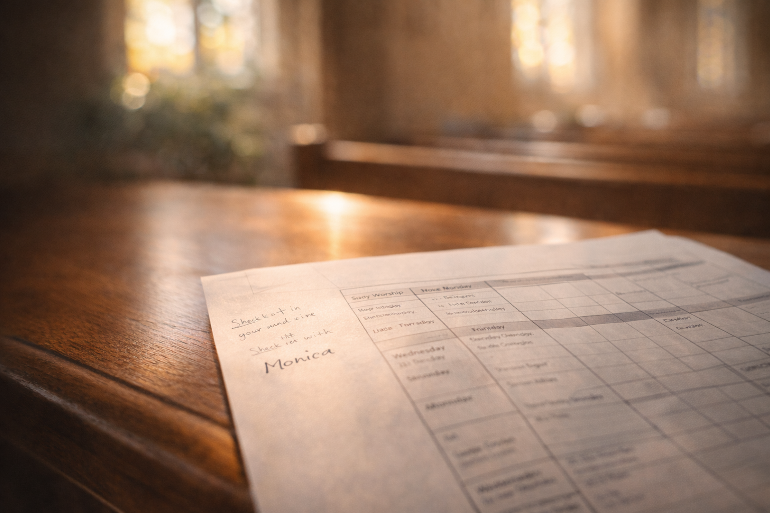 Volunteer schedule with handwritten note, representing ministry beyond administration