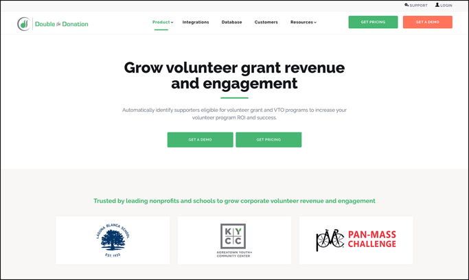 The Double the Donation Volunteering product page.