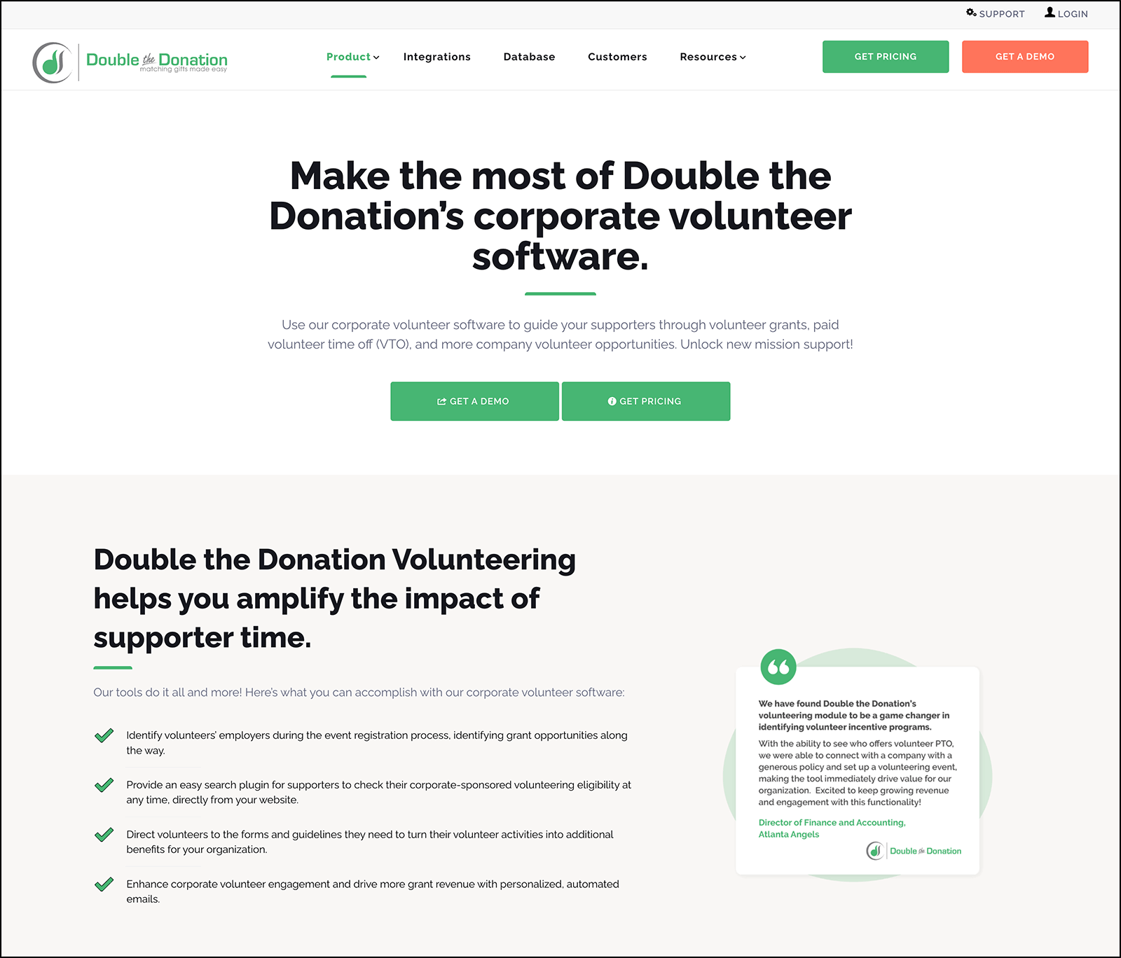 The product page for Double the Donation Volunteering.