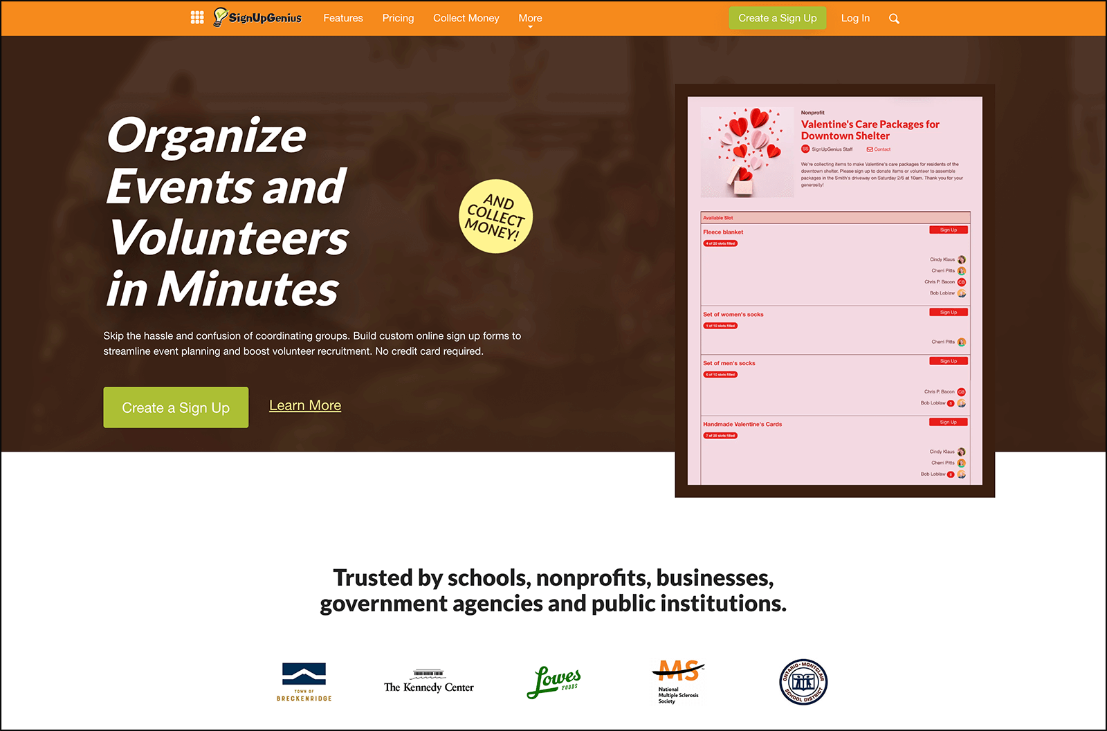 SignUpGenius's homepage.