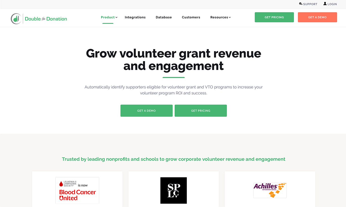 The Double the Donation Volunteering product page.