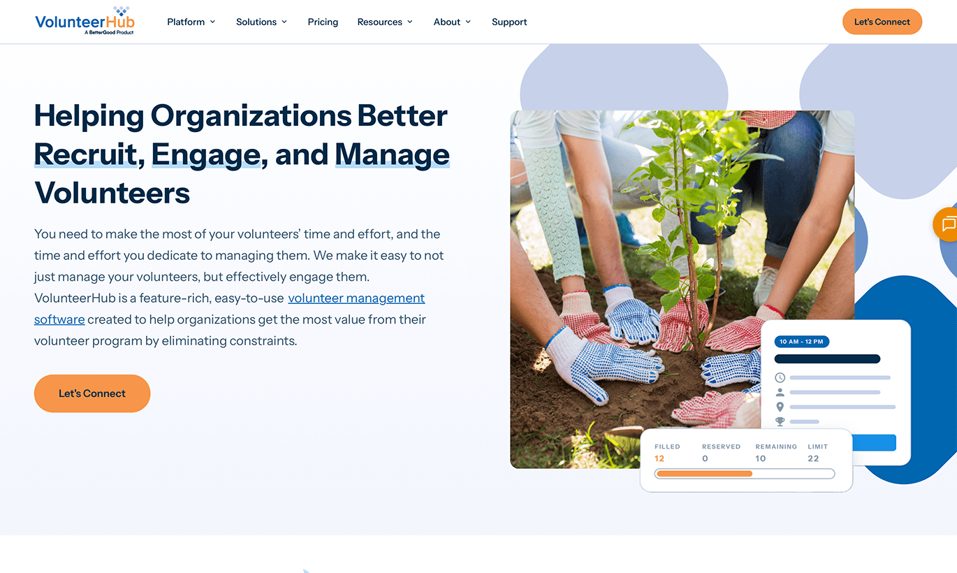 VolunteerHub’s homepage.