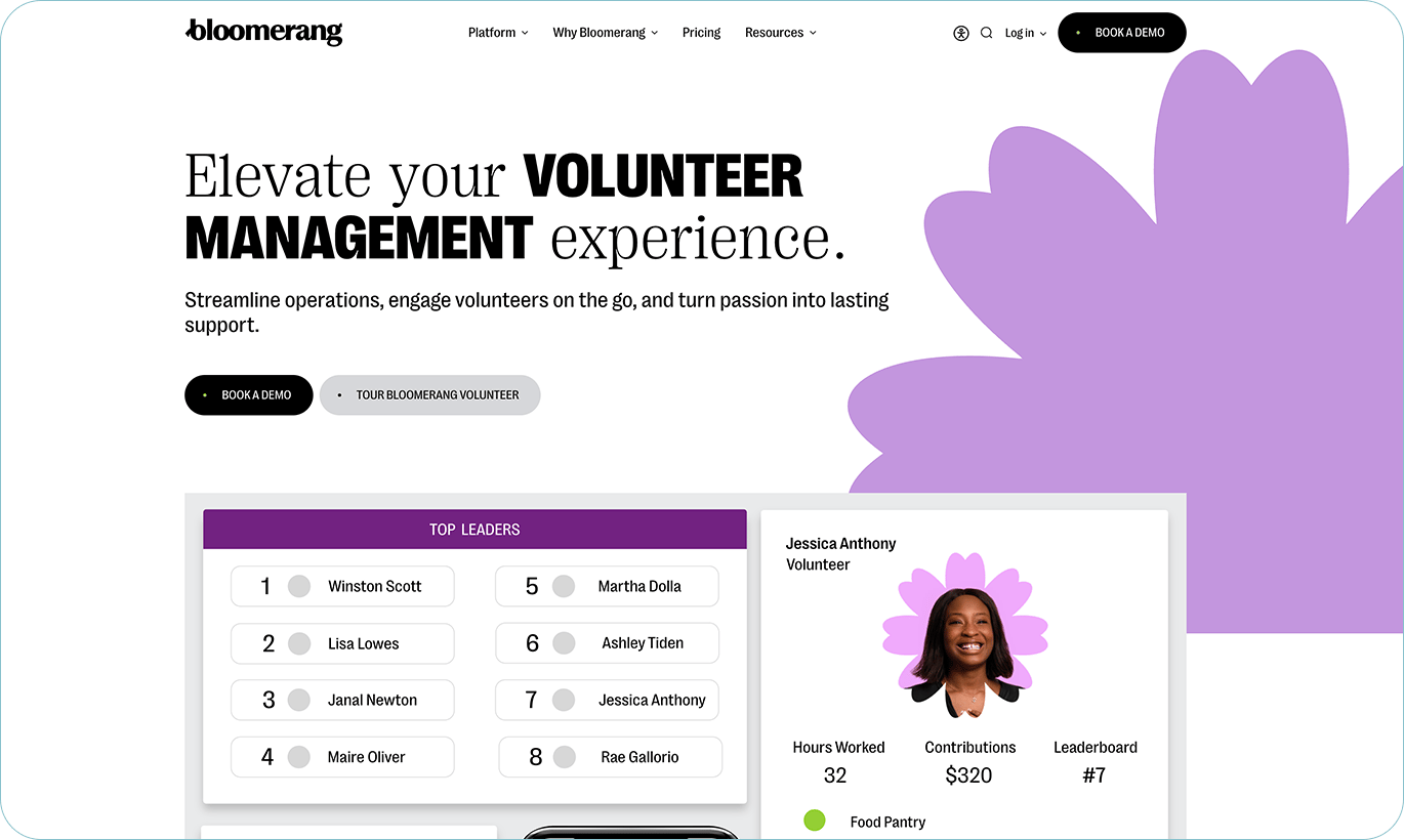 The Bloomerang Volunteer product page.