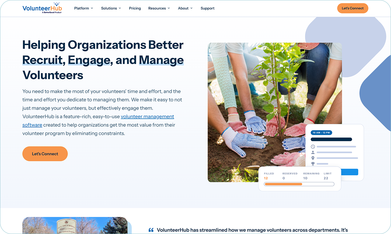 VolunteerHub’s homepage.
